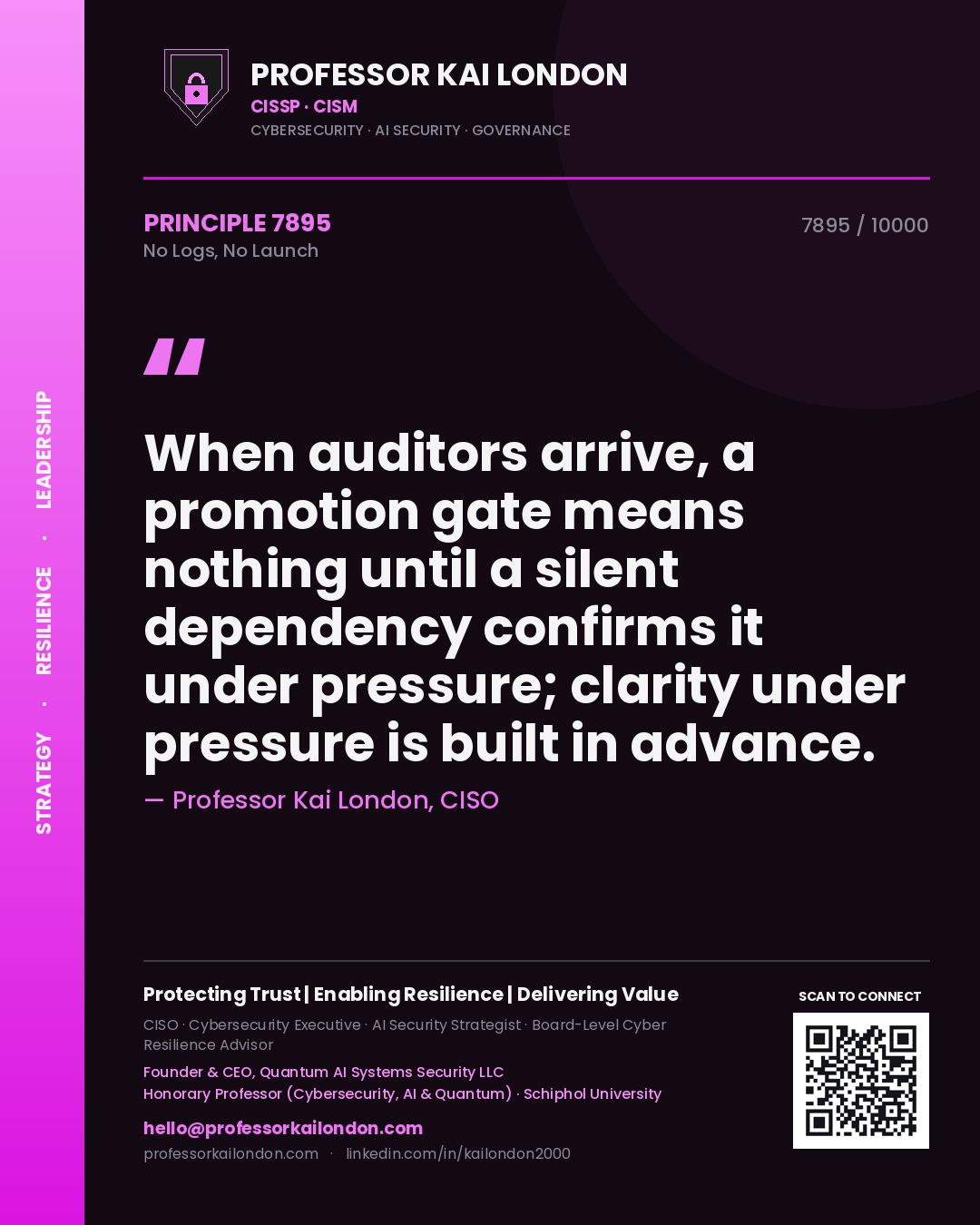Professor Kai London principle 7895: When auditors arrive, a promotion gate means nothing until a silent dependency confirms it under pressure; clarity under pressure is built in advance.