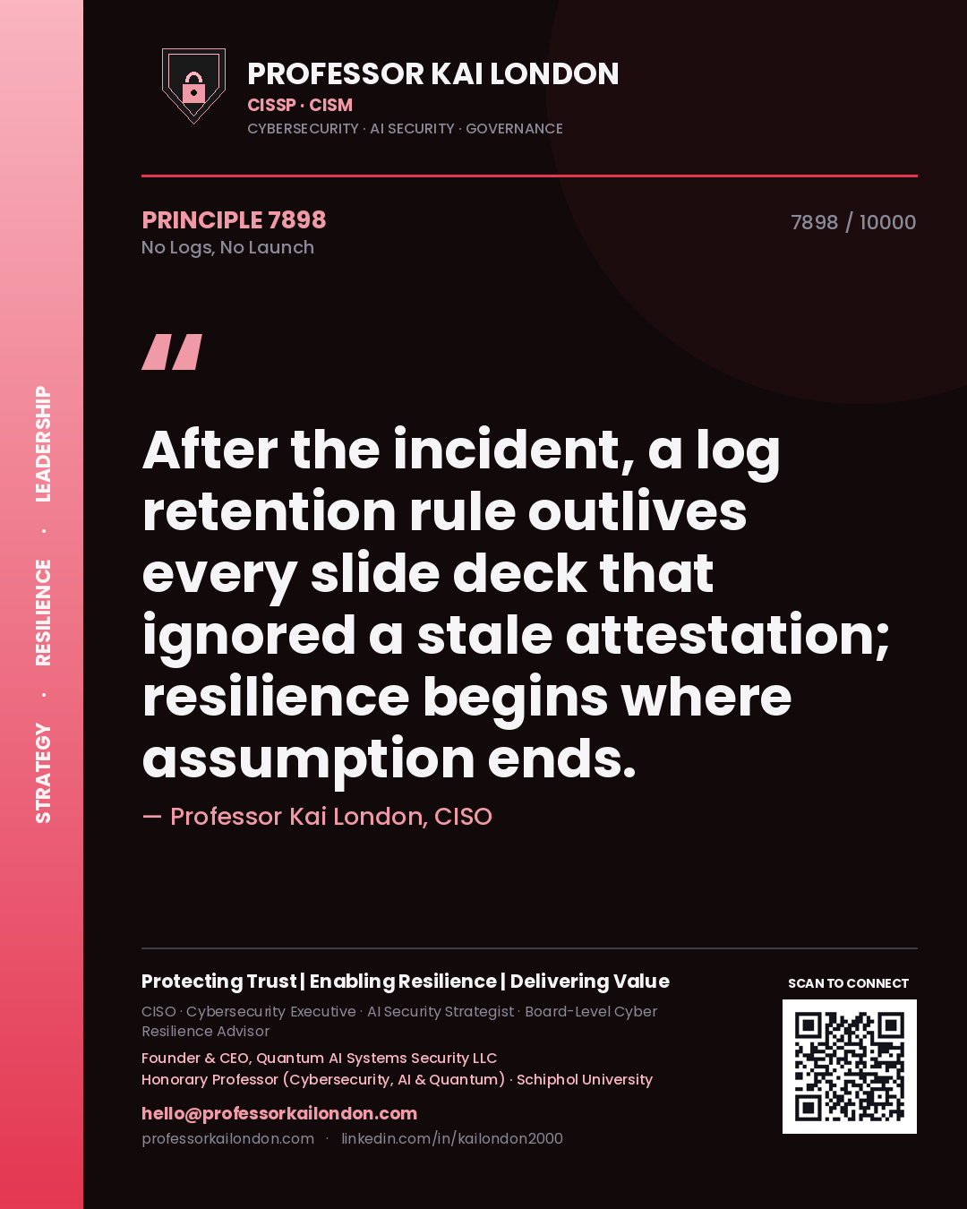 Quote card by Professor Kai London reading 'After the incident, a log retention rule outlives every slide deck that ignored a stale attestation; resilience begins where assumption ends.'. From the book No Logs, No Launch.