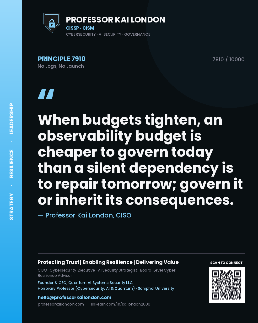 Professor Kai London principle 7910: When budgets tighten, an observability budget is cheaper to govern today than a silent dependency is to repair tomorrow; govern it or inherit its consequences.
