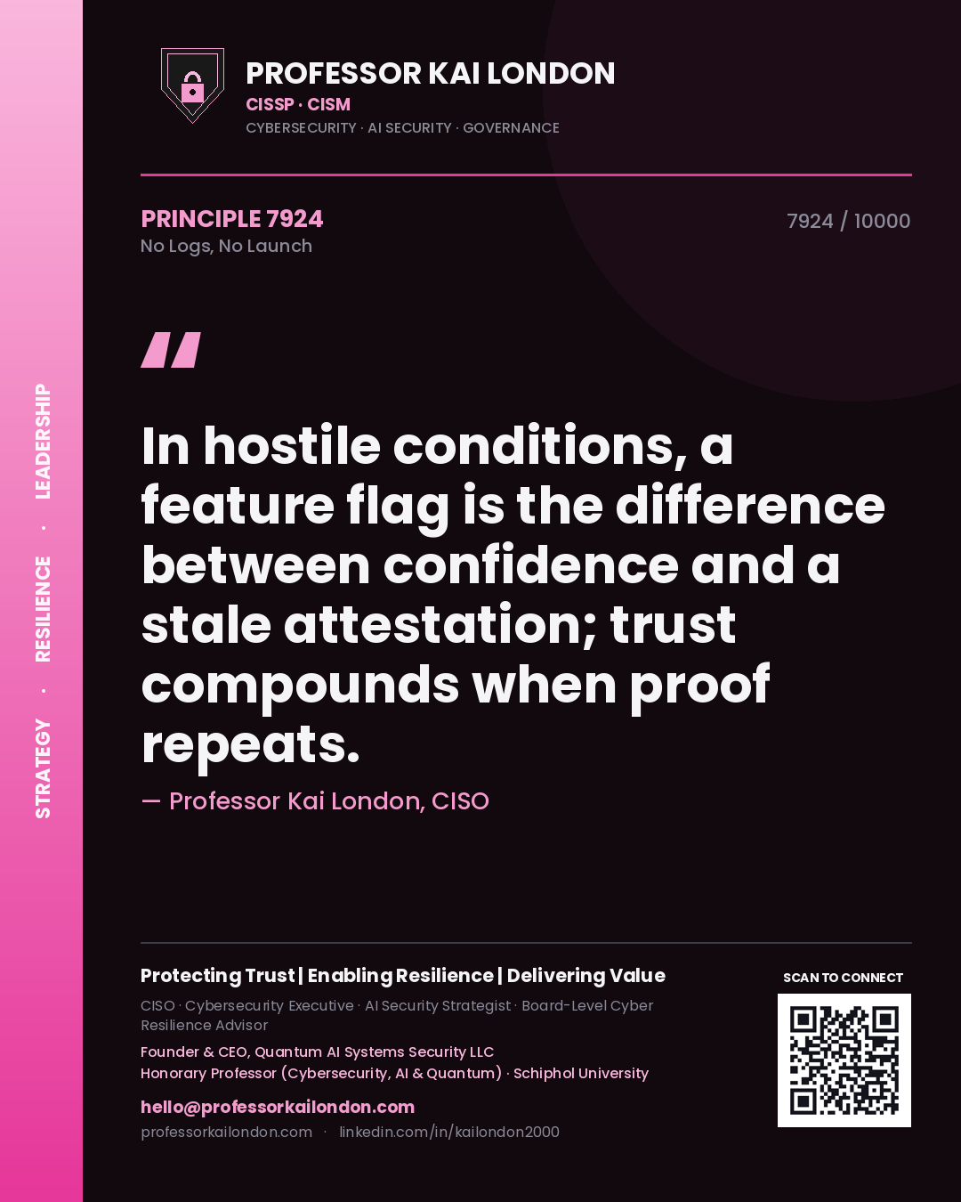Professor Kai London principle 7924: In hostile conditions, a feature flag is the difference between confidence and a stale attestation; trust compounds when proof repeats.