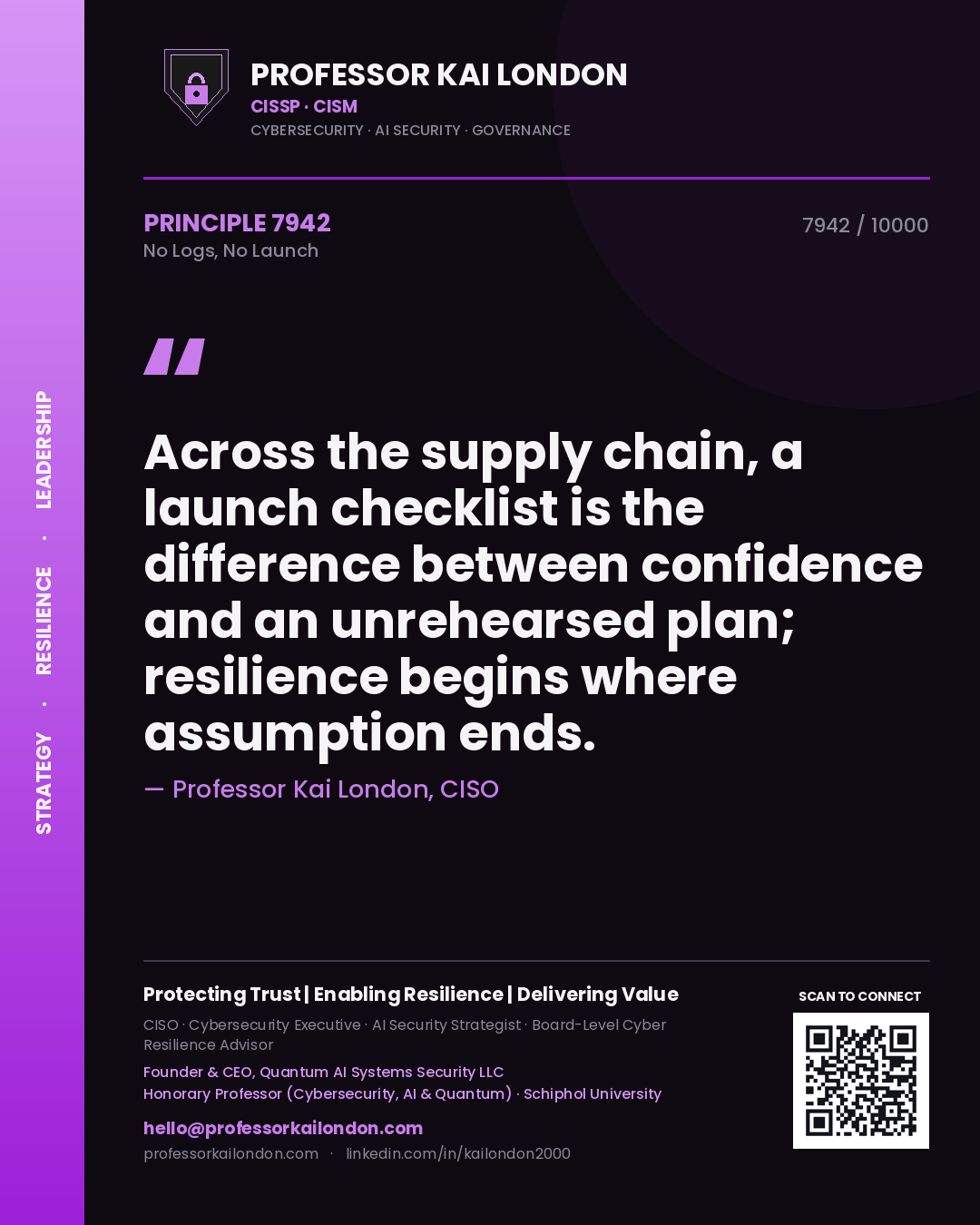 Professor Kai London principle 7942: Across the supply chain, a launch checklist is the difference between confidence and an unrehearsed plan; resilience begins where assumption ends.