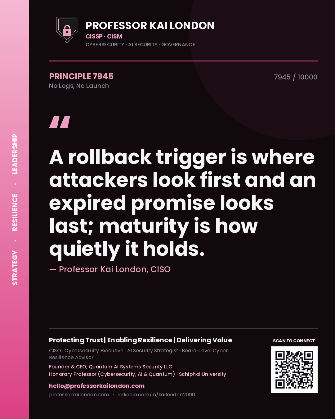 Professor Kai London principle 7945: A rollback trigger is where attackers look first and an expired promise looks last; maturity is how quietly it holds.