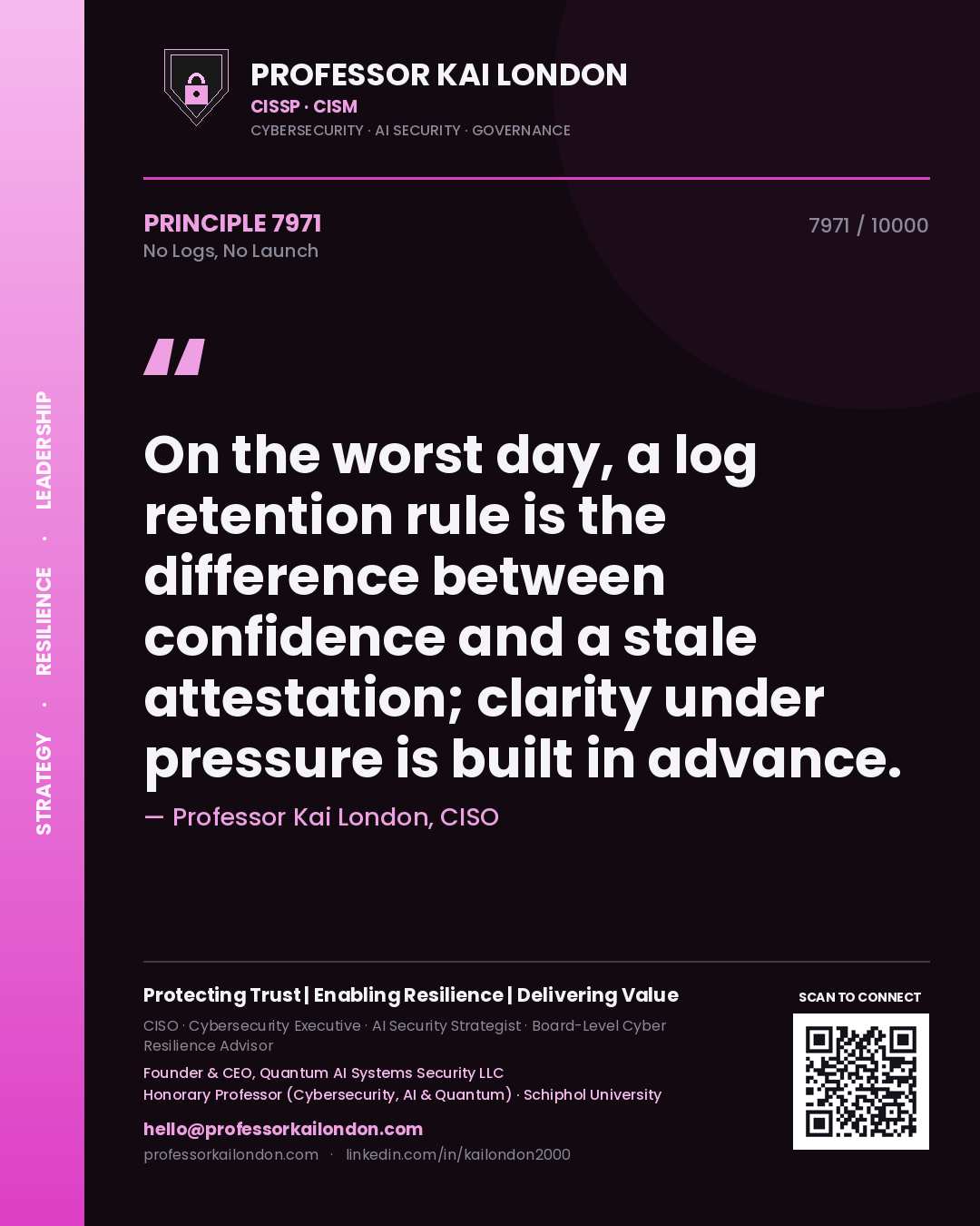Professor Kai London principle 7971: On the worst day, a log retention rule is the difference between confidence and a stale attestation; clarity under pressure is built in advance.