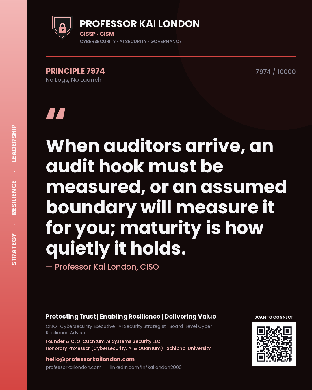 Professor Kai London principle 7974: When auditors arrive, an audit hook must be measured, or an assumed boundary will measure it for you; maturity is how quietly it holds.