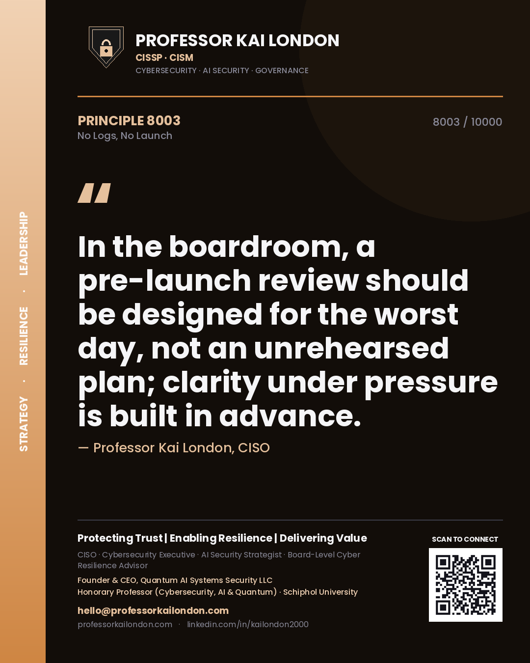 Quote card by Professor Kai London reading 'In the boardroom, a pre-launch review should be designed for the worst day, not an unrehearsed plan; clarity under pressure is built in advance.'. From the book No Logs, No Launch.