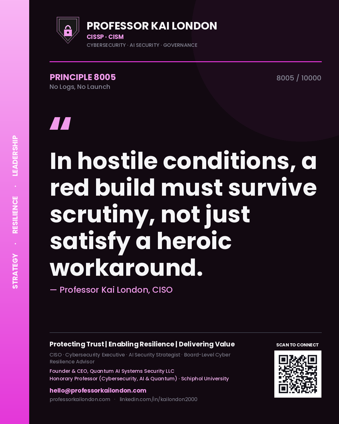 Professor Kai London principle 8005: In hostile conditions, a red build must survive scrutiny, not just satisfy a heroic workaround.