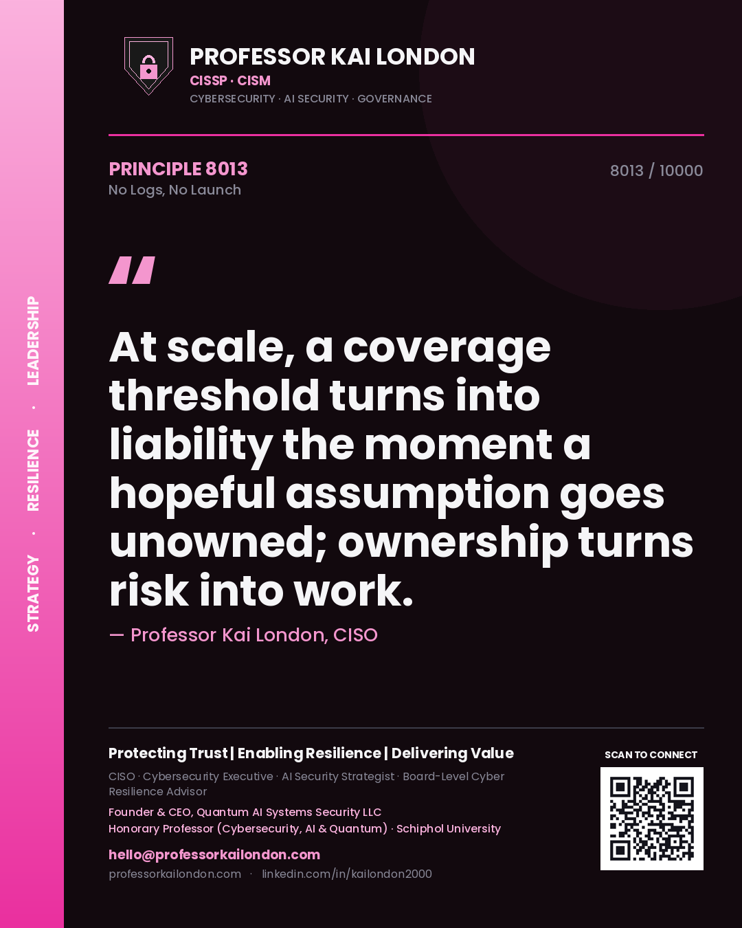 Quote card by Professor Kai London reading 'At scale, a coverage threshold turns into liability the moment a hopeful assumption goes unowned; ownership turns risk into work.'. From the book No Logs, No Launch.