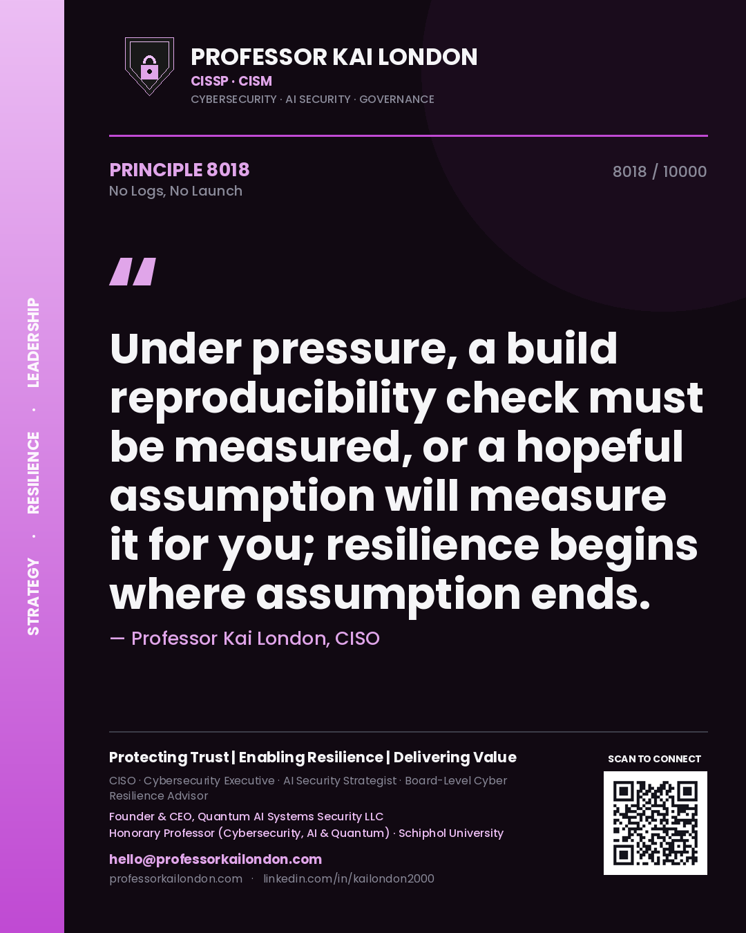 Quote card by Professor Kai London reading 'Under pressure, a build reproducibility check must be measured, or a hopeful assumption will measure it for you; resilience begins where assumption ends.'. From the book No Logs, No Launch.