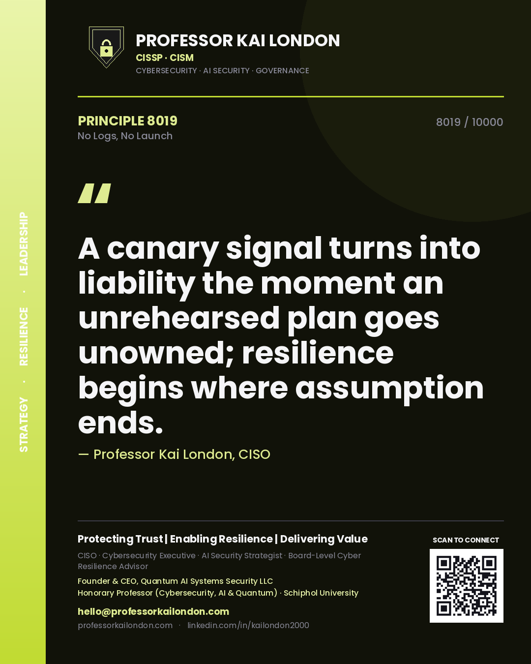 Quote card by Professor Kai London reading 'A canary signal turns into liability the moment an unrehearsed plan goes unowned; resilience begins where assumption ends.'. From the book No Logs, No Launch.