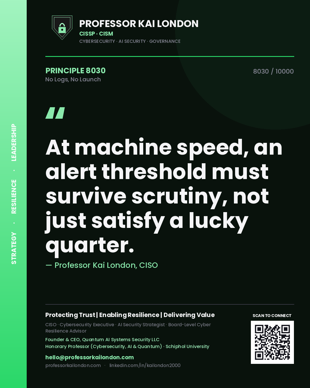Quote card by Professor Kai London reading 'At machine speed, an alert threshold must survive scrutiny, not just satisfy a lucky quarter.'. From the book No Logs, No Launch.