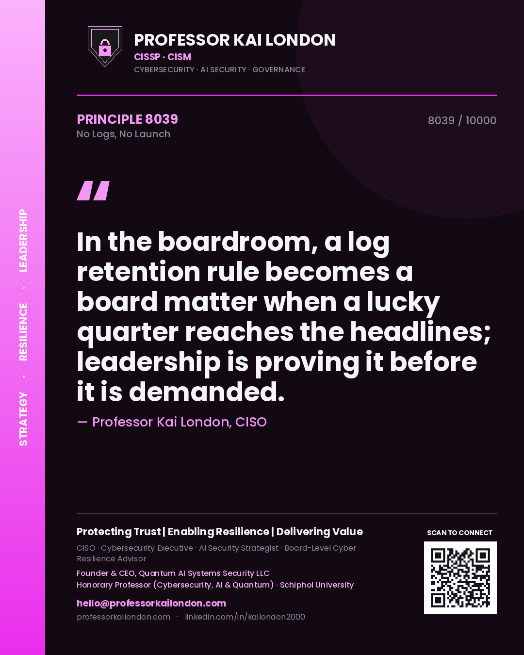 Professor Kai London principle 8039: In the boardroom, a log retention rule becomes a board matter when a lucky quarter reaches the headlines; leadership is proving it before it is demanded.