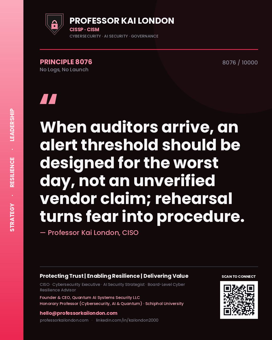 Professor Kai London principle 8076: When auditors arrive, an alert threshold should be designed for the worst day, not an unverified vendor claim; rehearsal turns fear into procedure.