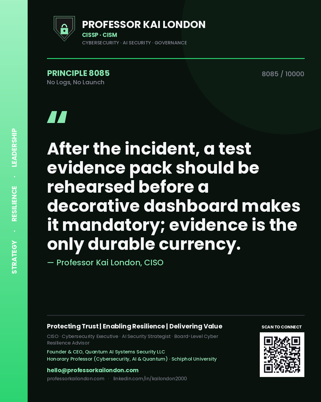 Quote card by Professor Kai London reading 'After the incident, a test evidence pack should be rehearsed before a decorative dashboard makes it mandatory; evidence is the only durable currency.'. From the book No Logs, No Launch.