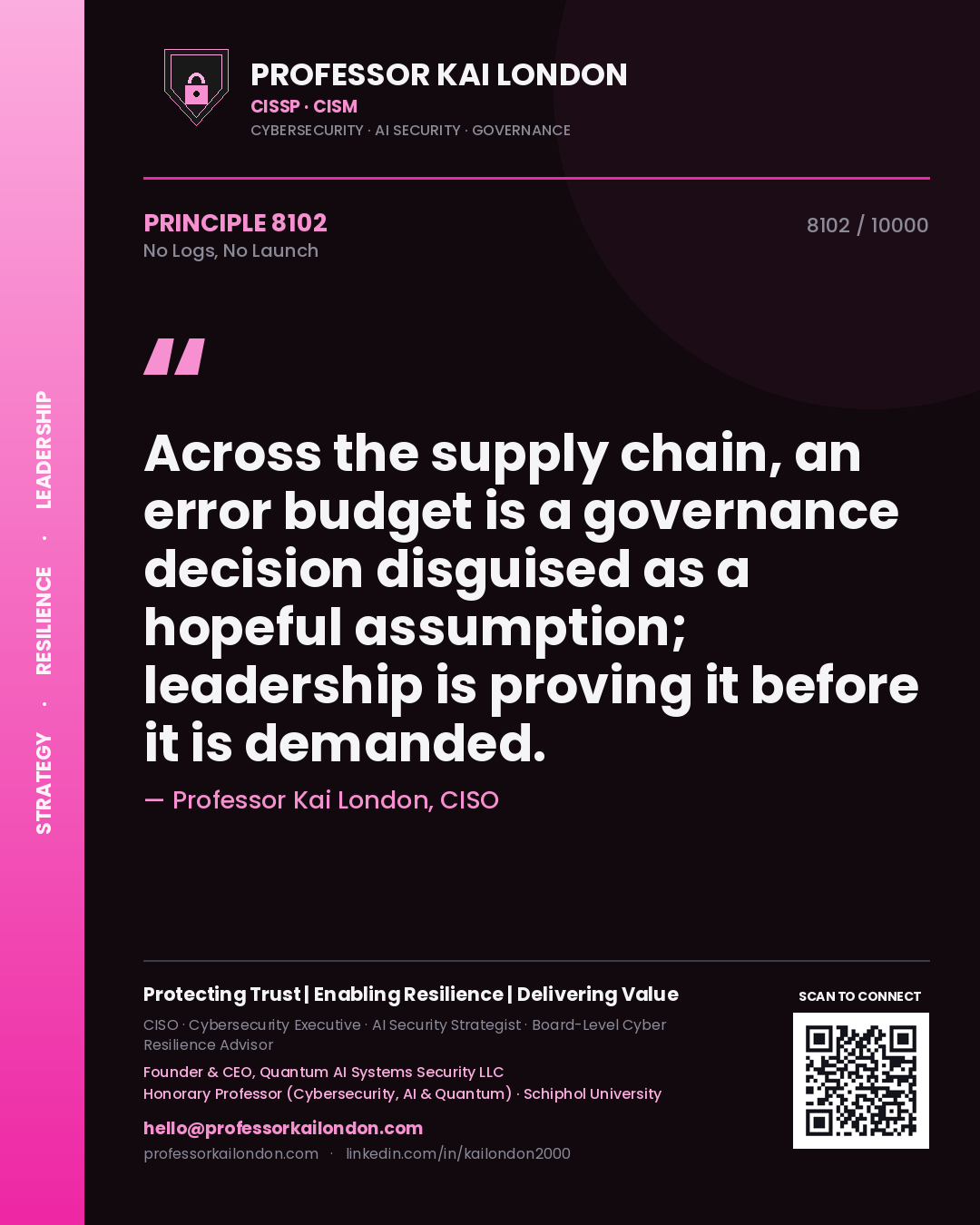 Quote card by Professor Kai London reading 'Across the supply chain, an error budget is a governance decision disguised as a hopeful assumption; leadership is proving it before it is demanded.'. From the book No Logs, No Launch.
