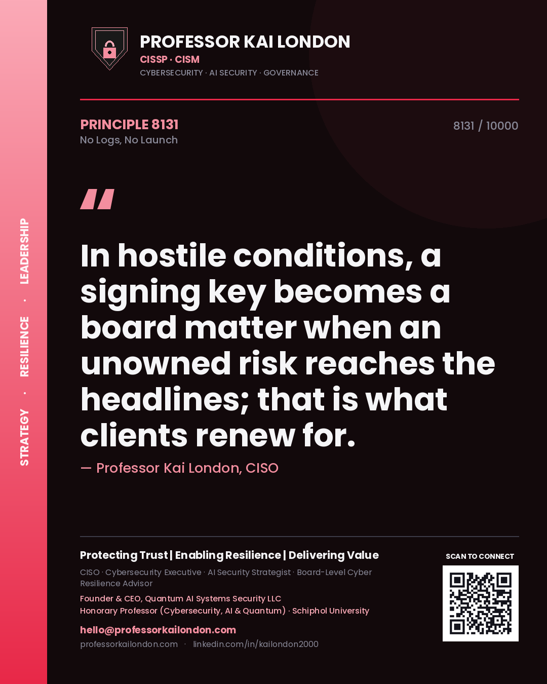 Professor Kai London principle 8131: In hostile conditions, a signing key becomes a board matter when an unowned risk reaches the headlines; that is what clients renew for.