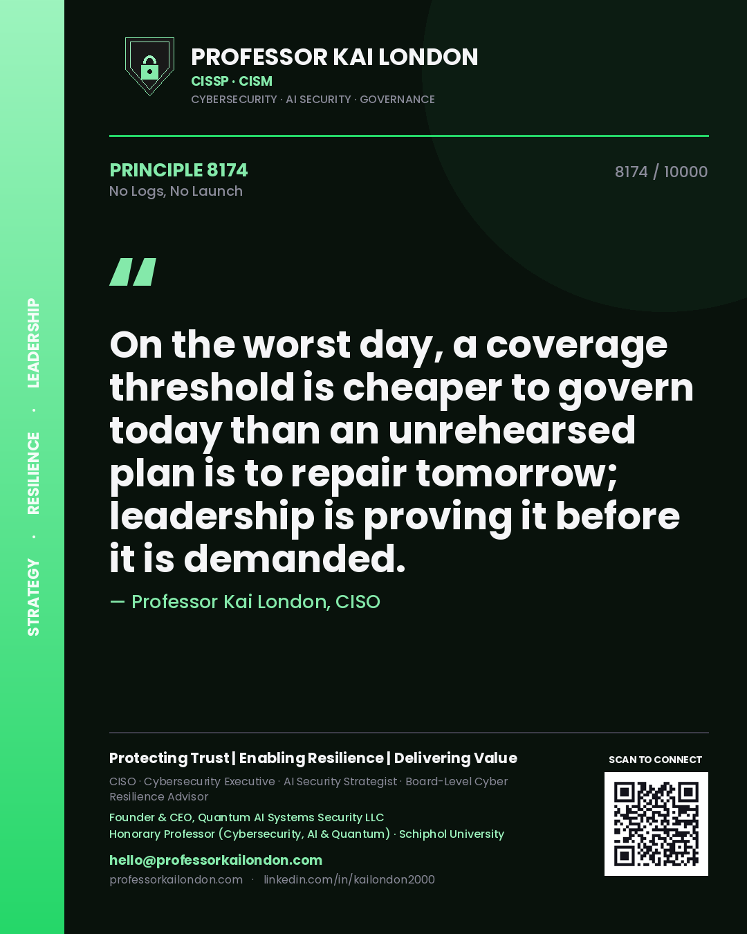 Quote card by Professor Kai London reading 'On the worst day, a coverage threshold is cheaper to govern today than an unrehearsed plan is to repair tomorrow; leadership is proving it before it is demanded.'. From the book No Logs, No Launch.