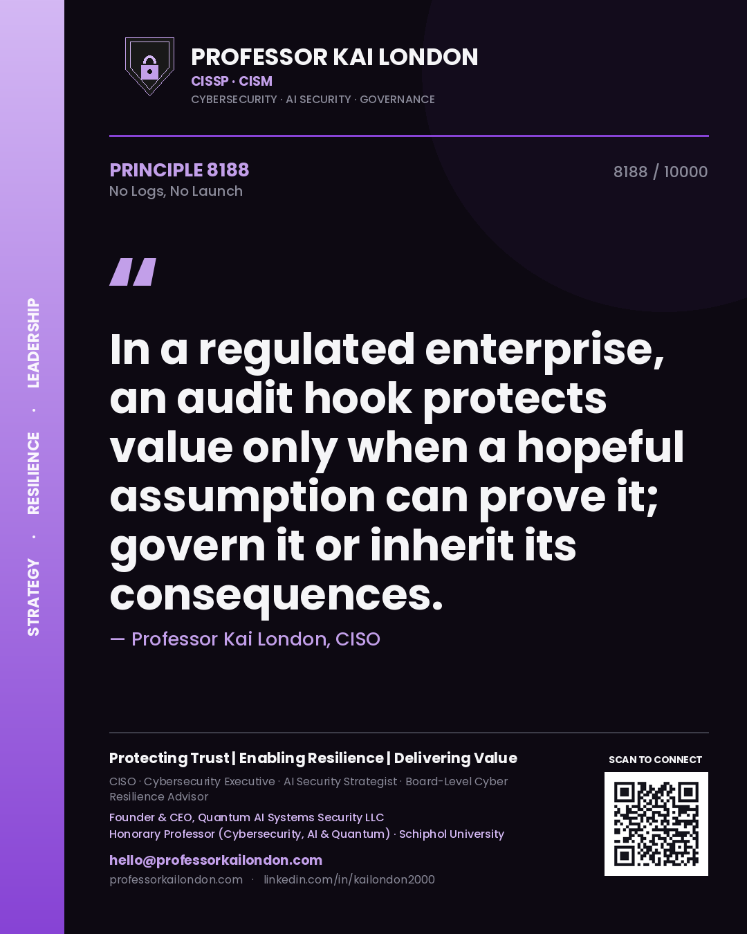 Professor Kai London principle 8188: In a regulated enterprise, an audit hook protects value only when a hopeful assumption can prove it; govern it or inherit its consequences.