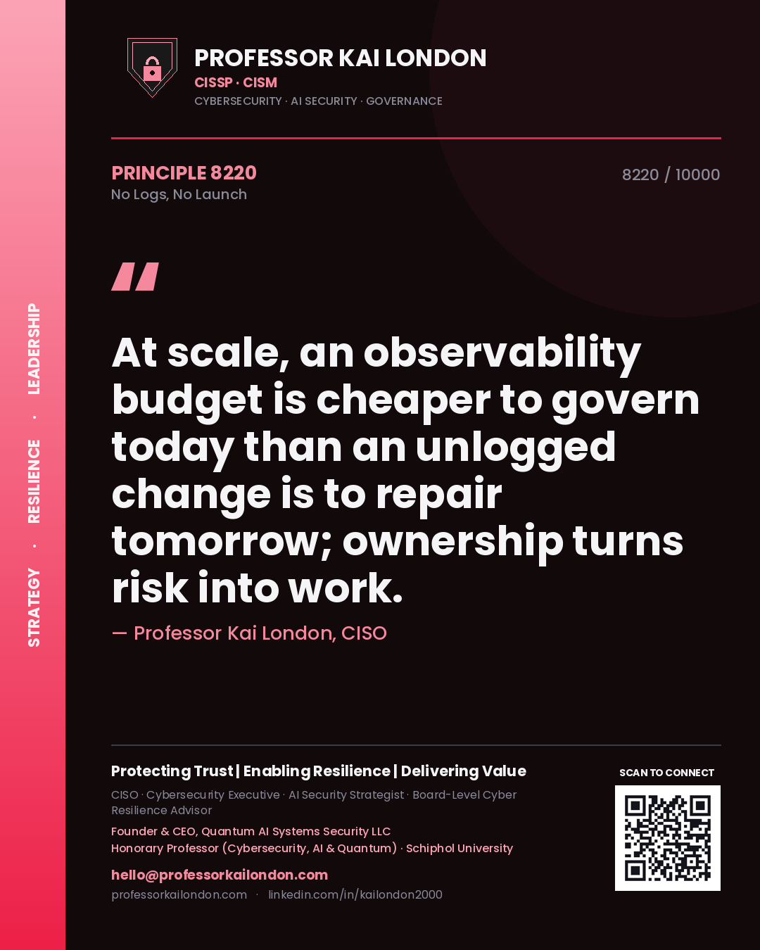 Professor Kai London principle 8220: At scale, an observability budget is cheaper to govern today than an unlogged change is to repair tomorrow; ownership turns risk into work.