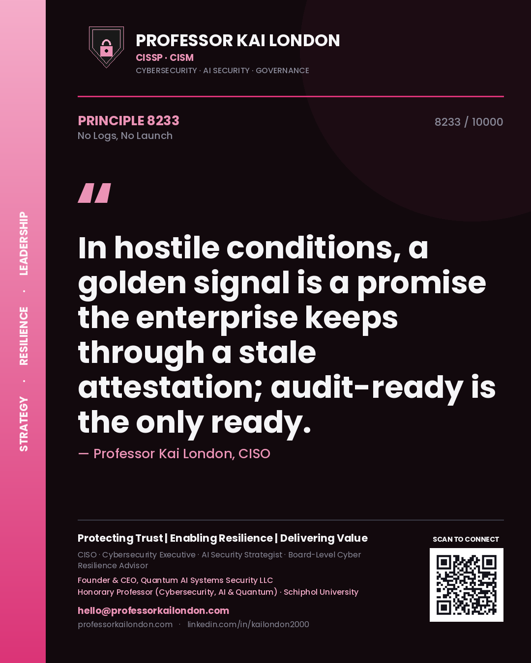 Professor Kai London principle 8233: In hostile conditions, a golden signal is a promise the enterprise keeps through a stale attestation; audit-ready is the only ready.