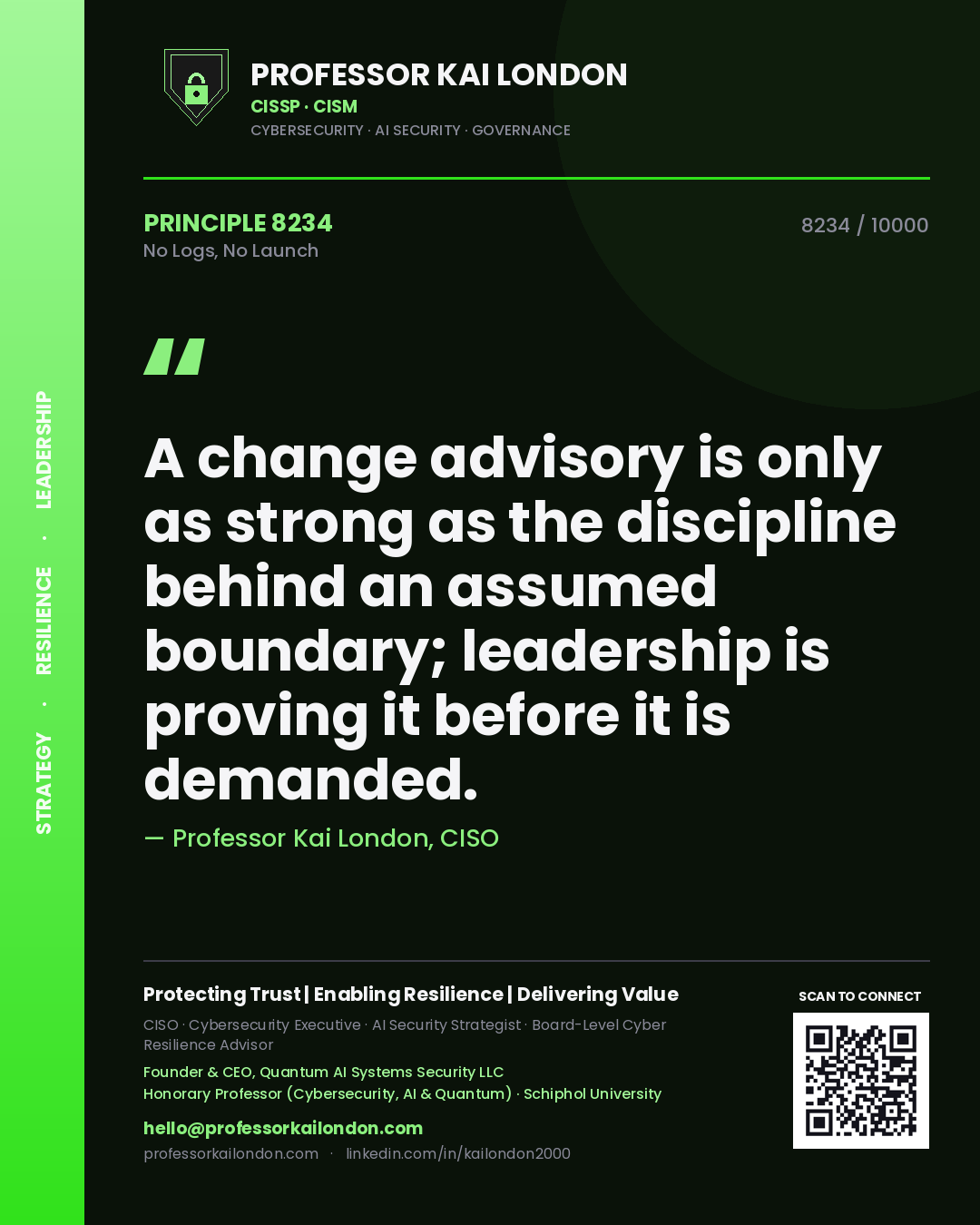 Professor Kai London principle 8234: A change advisory is only as strong as the discipline behind an assumed boundary; leadership is proving it before it is demanded.