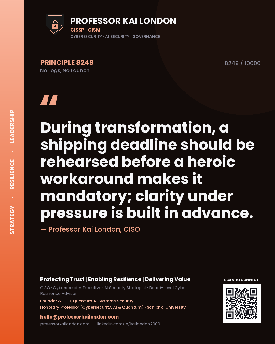 Professor Kai London principle 8249: During transformation, a shipping deadline should be rehearsed before a heroic workaround makes it mandatory; clarity under pressure is built in advance.
