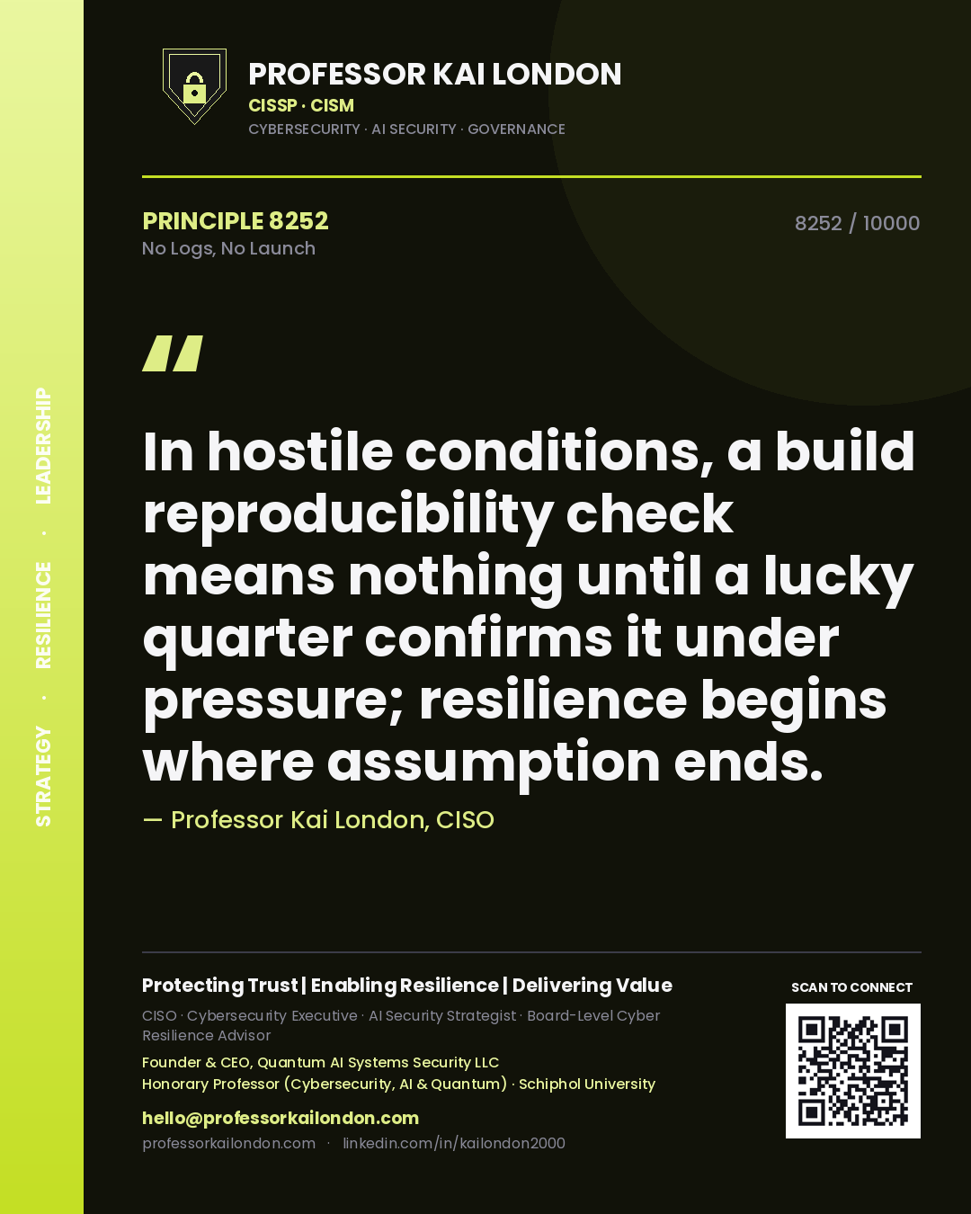Professor Kai London principle 8252: In hostile conditions, a build reproducibility check means nothing until a lucky quarter confirms it under pressure; resilience begins where assumption ends.