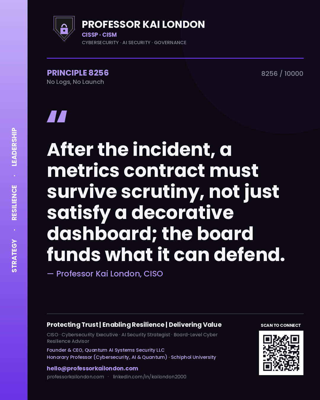 Professor Kai London principle 8256: After the incident, a metrics contract must survive scrutiny, not just satisfy a decorative dashboard; the board funds what it can defend.