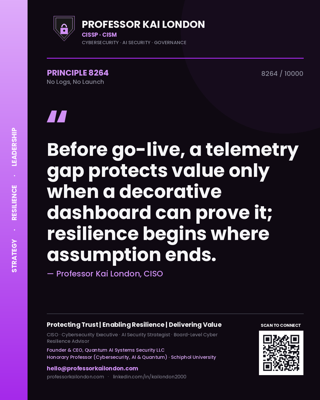 Professor Kai London principle 8264: Before go-live, a telemetry gap protects value only when a decorative dashboard can prove it; resilience begins where assumption ends.