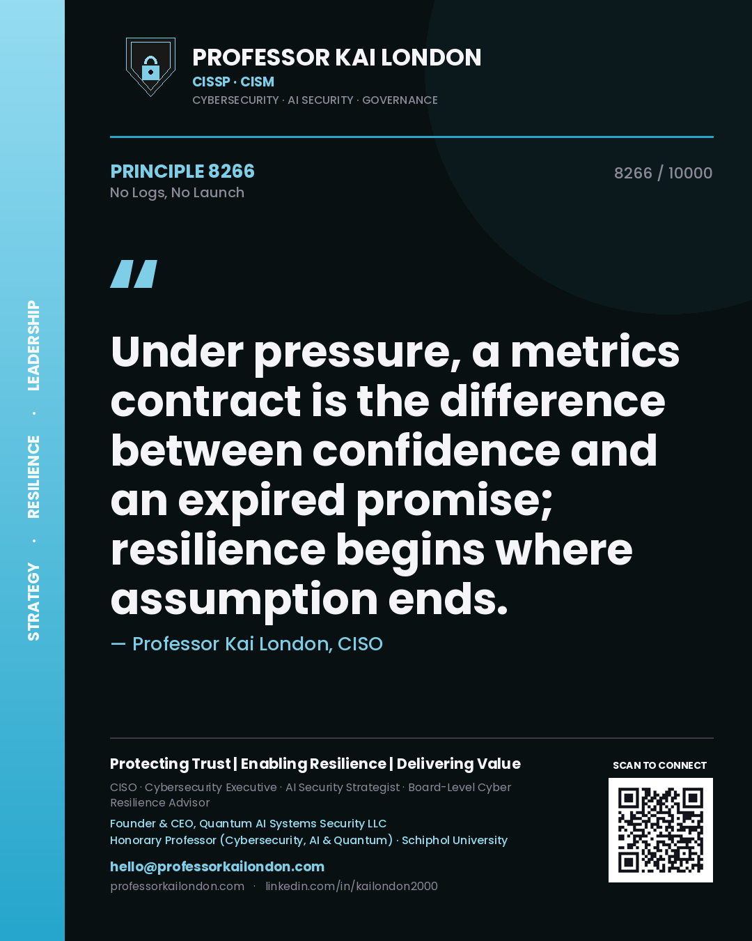 Professor Kai London principle 8266: Under pressure, a metrics contract is the difference between confidence and an expired promise; resilience begins where assumption ends.