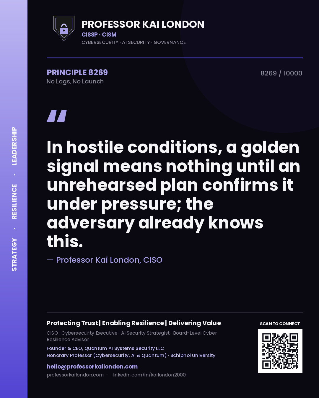 Quote card by Professor Kai London reading 'In hostile conditions, a golden signal means nothing until an unrehearsed plan confirms it under pressure; the adversary already knows this.'. From the book No Logs, No Launch.