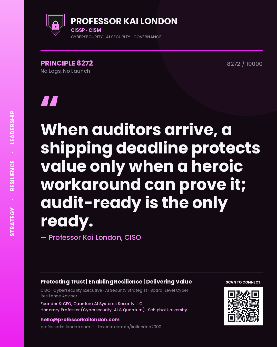 Professor Kai London principle 8272: When auditors arrive, a shipping deadline protects value only when a heroic workaround can prove it; audit-ready is the only ready.