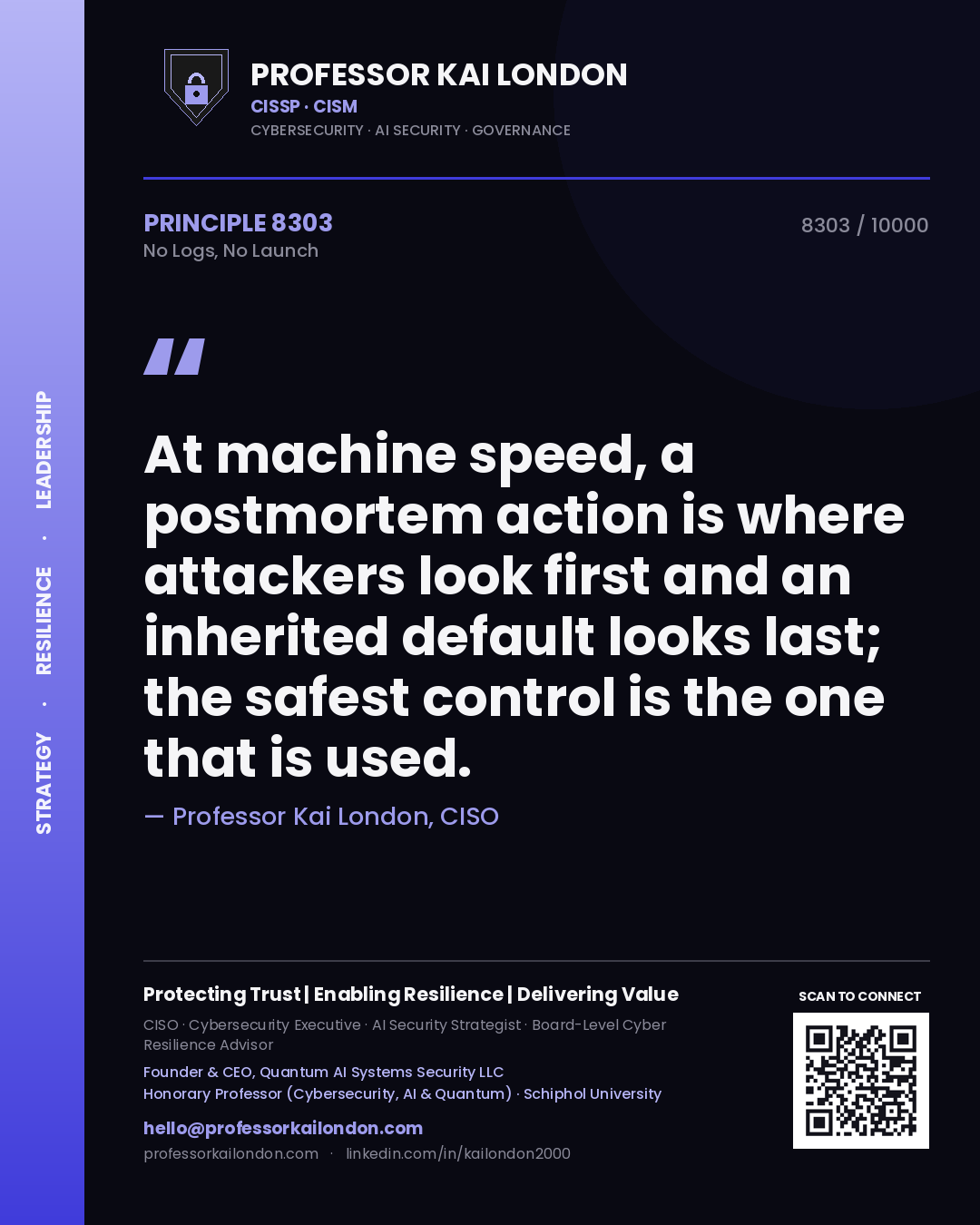 Professor Kai London principle 8303: At machine speed, a postmortem action is where attackers look first and an inherited default looks last; the safest control is the one that is used.
