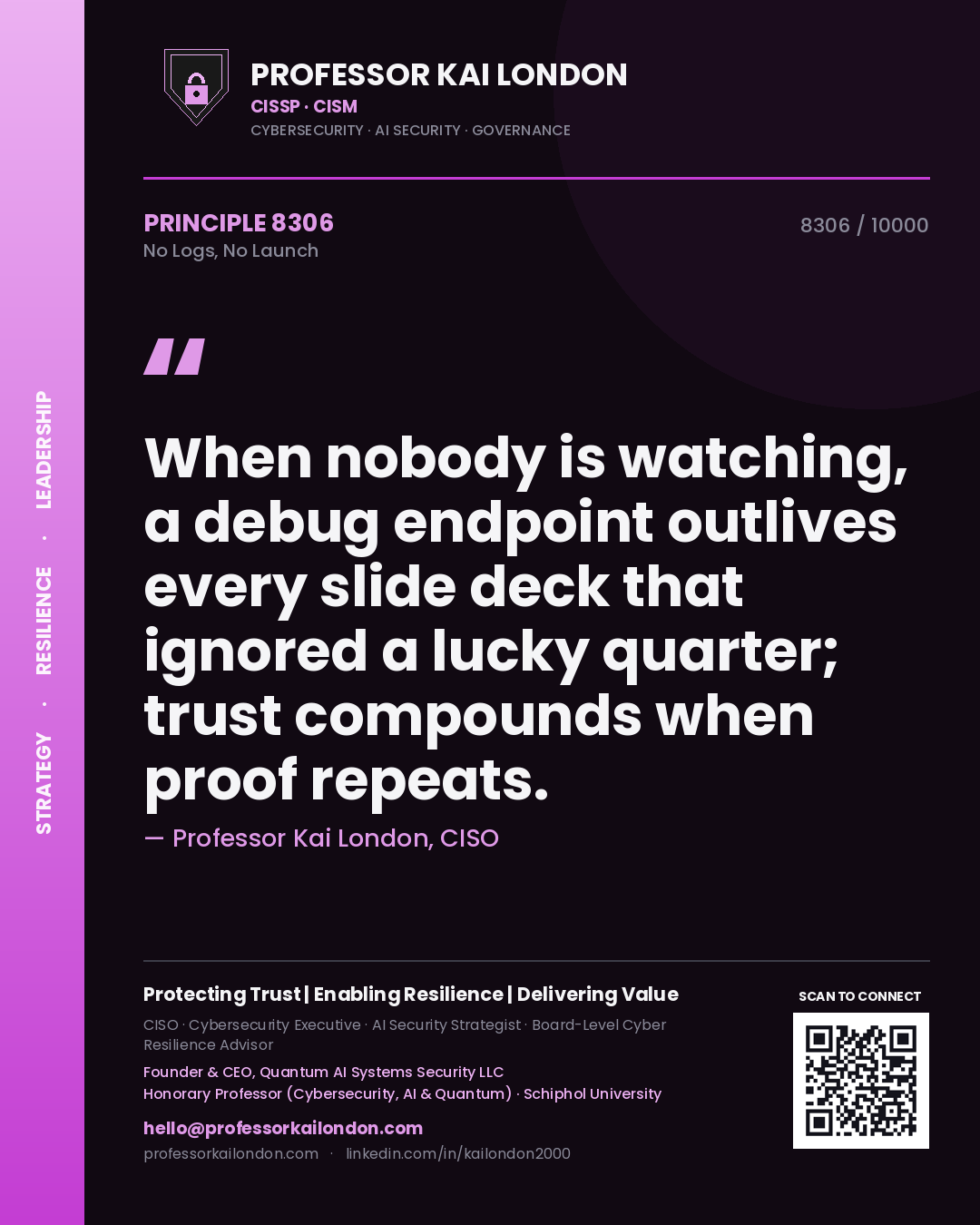 Professor Kai London principle 8306: When nobody is watching, a debug endpoint outlives every slide deck that ignored a lucky quarter; trust compounds when proof repeats.