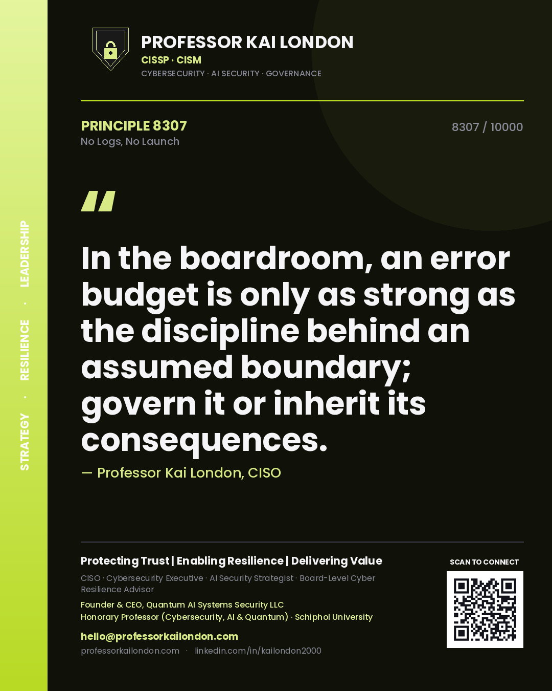 Quote card by Professor Kai London reading 'In the boardroom, an error budget is only as strong as the discipline behind an assumed boundary; govern it or inherit its consequences.'. From the book No Logs, No Launch.