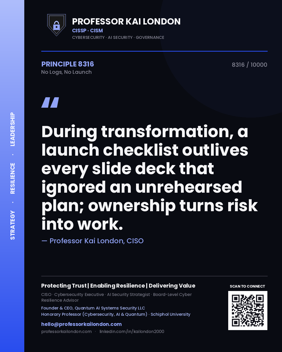 Professor Kai London principle 8316: During transformation, a launch checklist outlives every slide deck that ignored an unrehearsed plan; ownership turns risk into work.