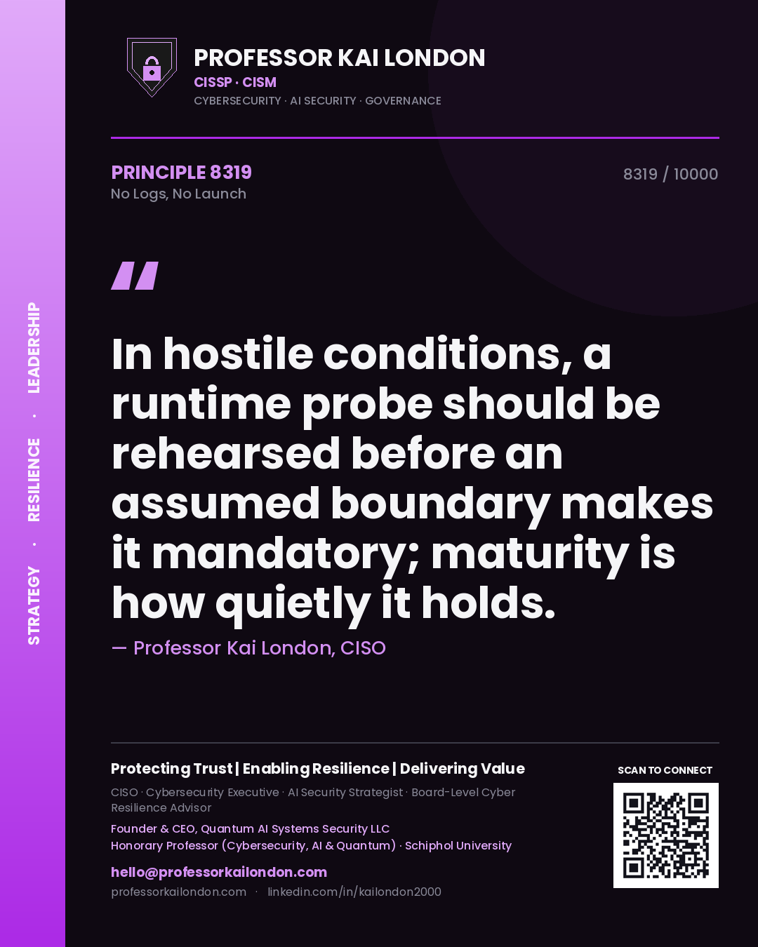 Professor Kai London principle 8319: In hostile conditions, a runtime probe should be rehearsed before an assumed boundary makes it mandatory; maturity is how quietly it holds.