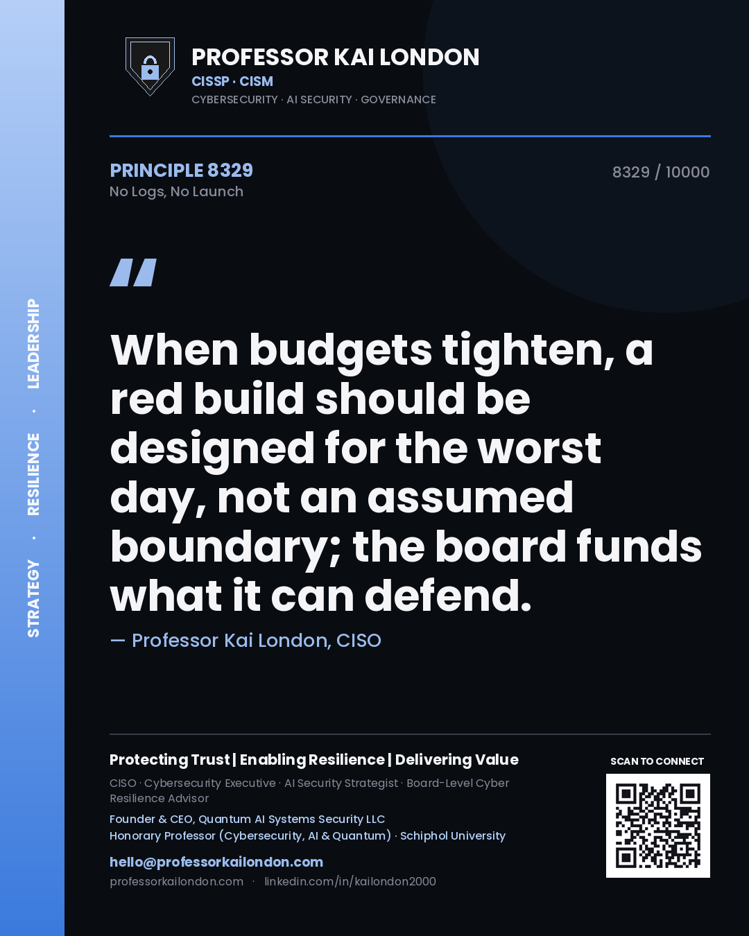 Professor Kai London principle 8329: When budgets tighten, a red build should be designed for the worst day, not an assumed boundary; the board funds what it can defend.