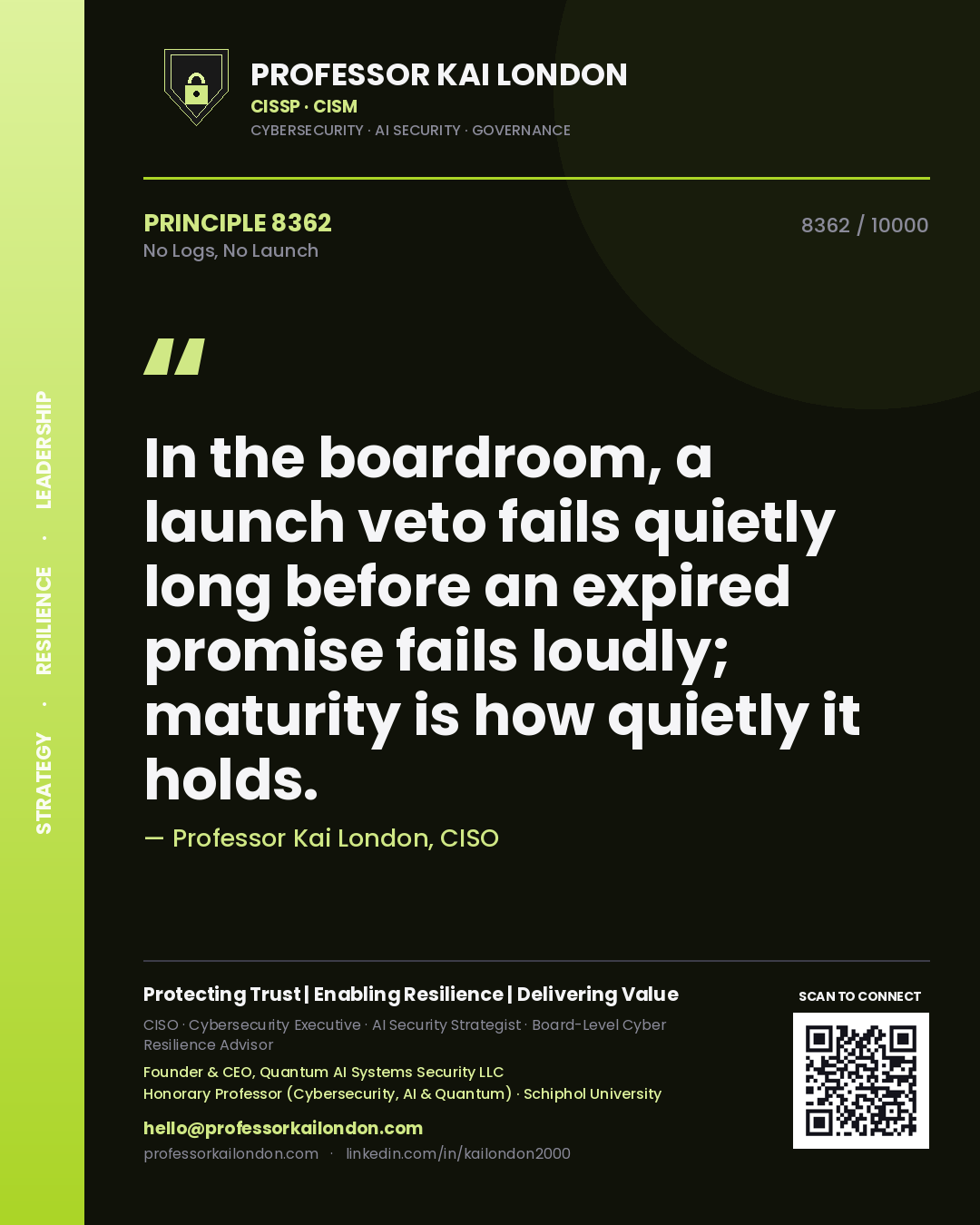 Professor Kai London principle 8362: In the boardroom, a launch veto fails quietly long before an expired promise fails loudly; maturity is how quietly it holds.