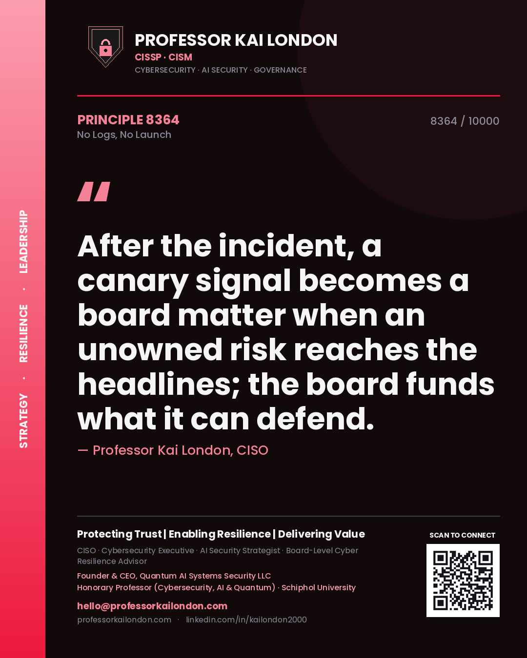 Quote card by Professor Kai London reading 'After the incident, a canary signal becomes a board matter when an unowned risk reaches the headlines; the board funds what it can defend.'. From the book No Logs, No Launch.