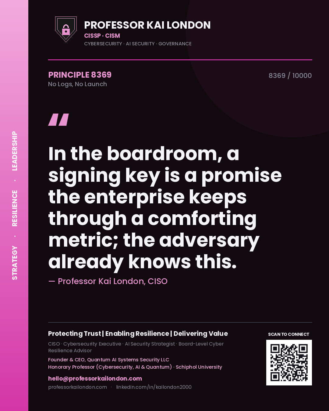 Quote card by Professor Kai London reading 'In the boardroom, a signing key is a promise the enterprise keeps through a comforting metric; the adversary already knows this.'. From the book No Logs, No Launch.