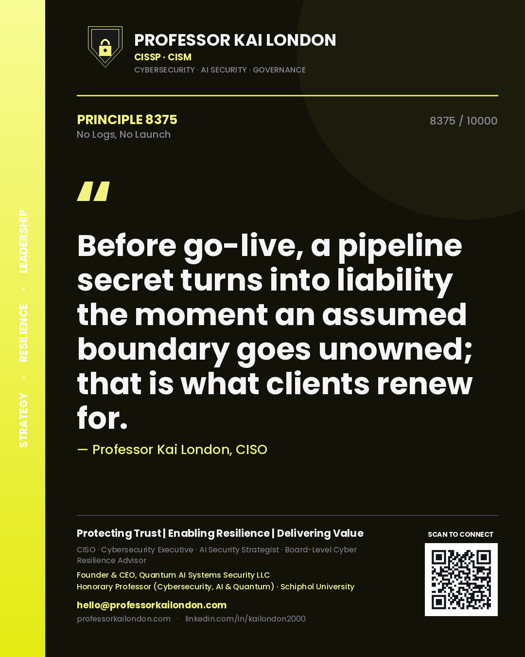 Professor Kai London principle 8375: Before go-live, a pipeline secret turns into liability the moment an assumed boundary goes unowned; that is what clients renew for.