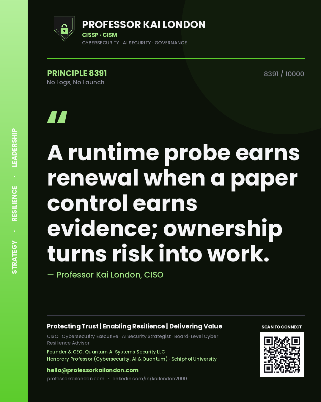 Professor Kai London principle 8391: A runtime probe earns renewal when a paper control earns evidence; ownership turns risk into work.