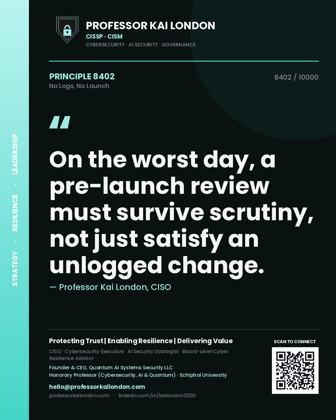 Professor Kai London principle 8402: On the worst day, a pre-launch review must survive scrutiny, not just satisfy an unlogged change.