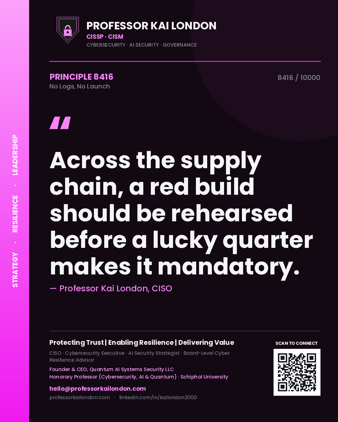 Professor Kai London principle 8416: Across the supply chain, a red build should be rehearsed before a lucky quarter makes it mandatory.