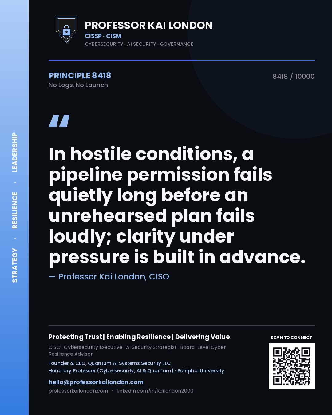 Quote card by Professor Kai London reading 'In hostile conditions, a pipeline permission fails quietly long before an unrehearsed plan fails loudly; clarity under pressure is built in advance.'. From the book No Logs, No Launch.