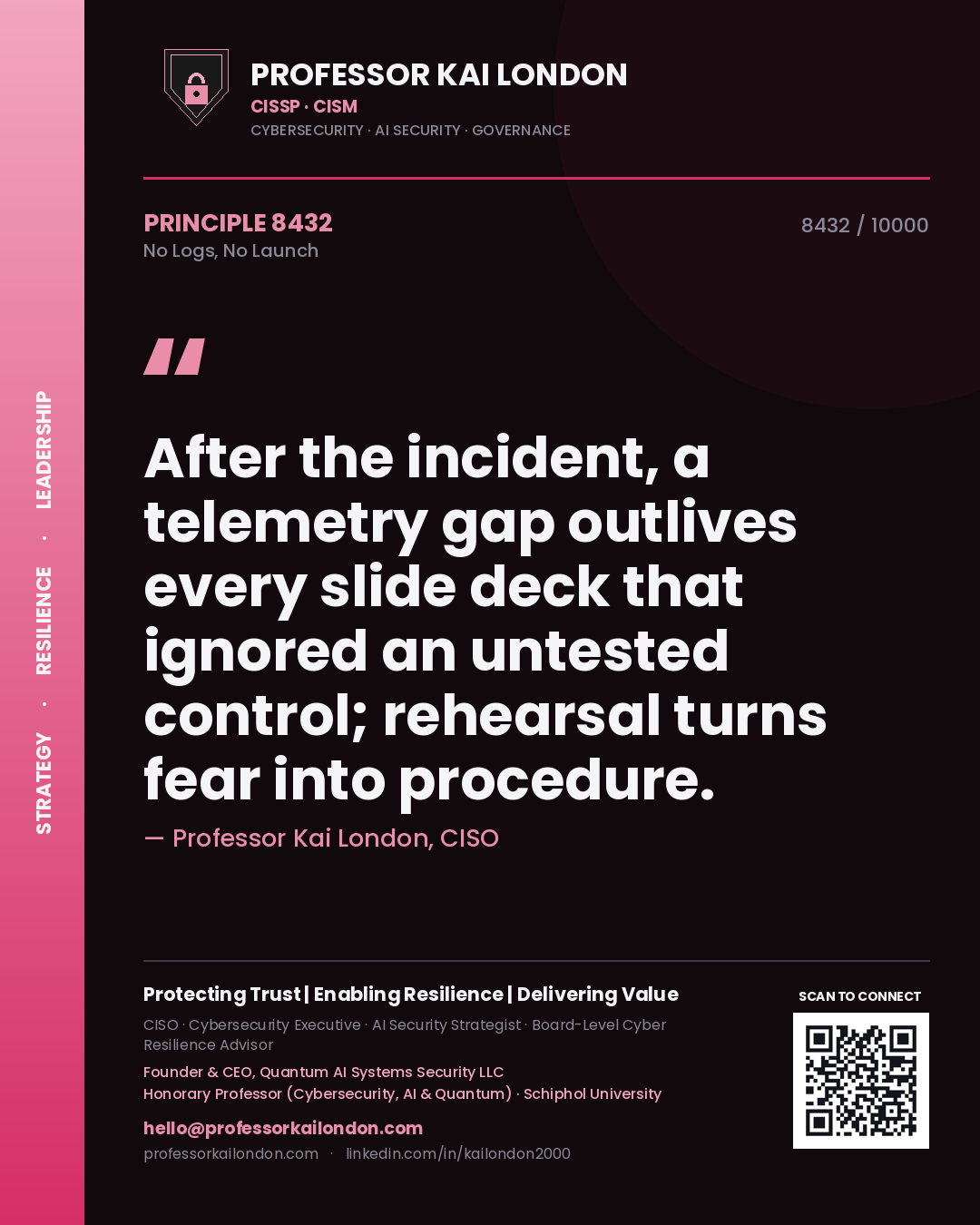 Quote card by Professor Kai London reading 'After the incident, a telemetry gap outlives every slide deck that ignored an untested control; rehearsal turns fear into procedure.'. From the book No Logs, No Launch.