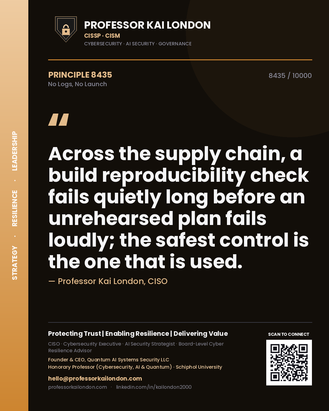 Professor Kai London principle 8435: Across the supply chain, a build reproducibility check fails quietly long before an unrehearsed plan fails loudly; the safest control is the one that is used.