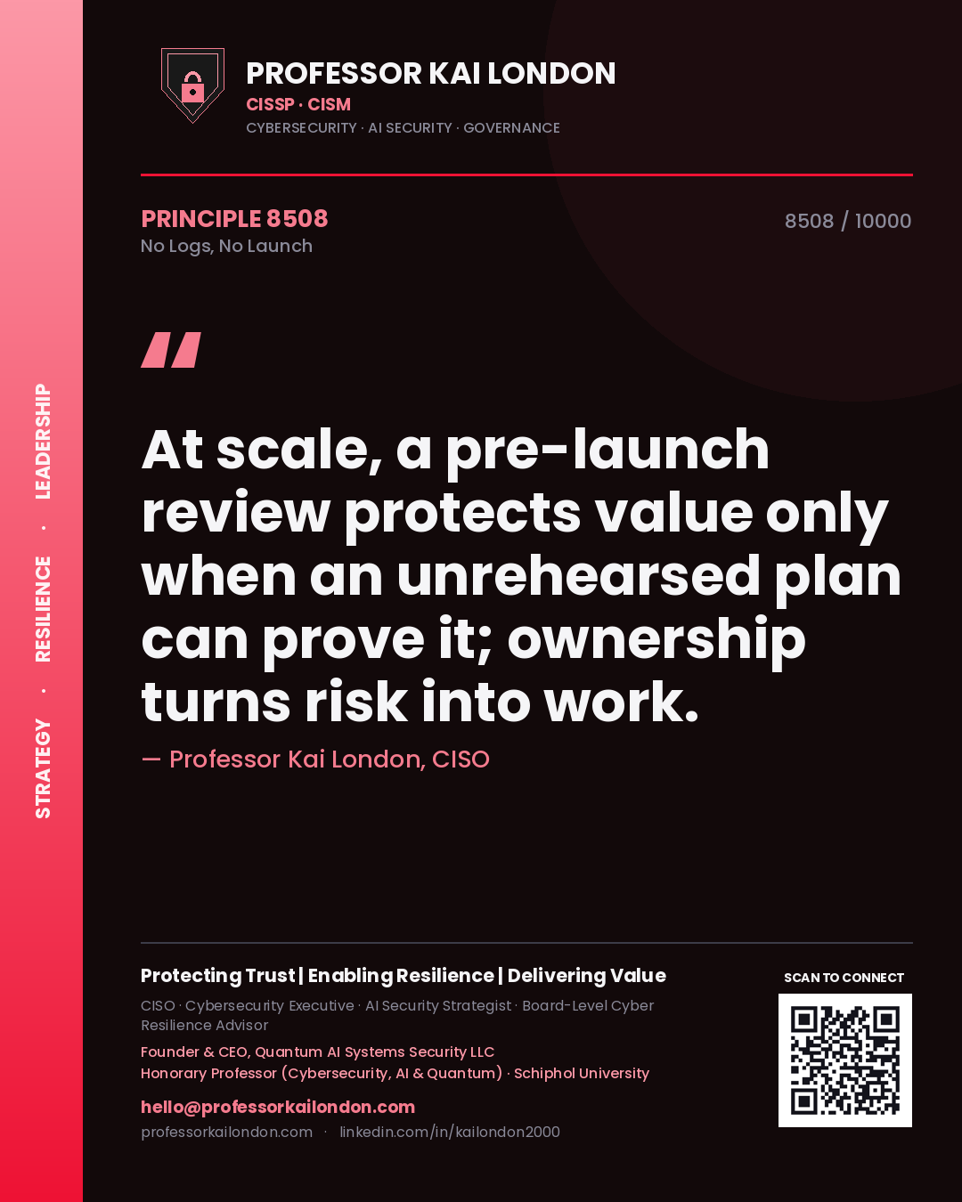Quote card by Professor Kai London reading 'At scale, a pre-launch review protects value only when an unrehearsed plan can prove it; ownership turns risk into work.'. From the book No Logs, No Launch.