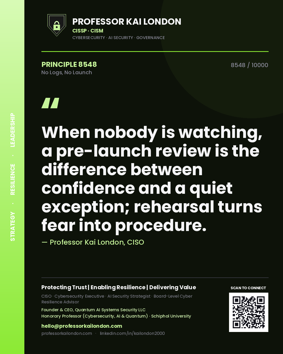 Professor Kai London principle 8548: When nobody is watching, a pre-launch review is the difference between confidence and a quiet exception; rehearsal turns fear into procedure.