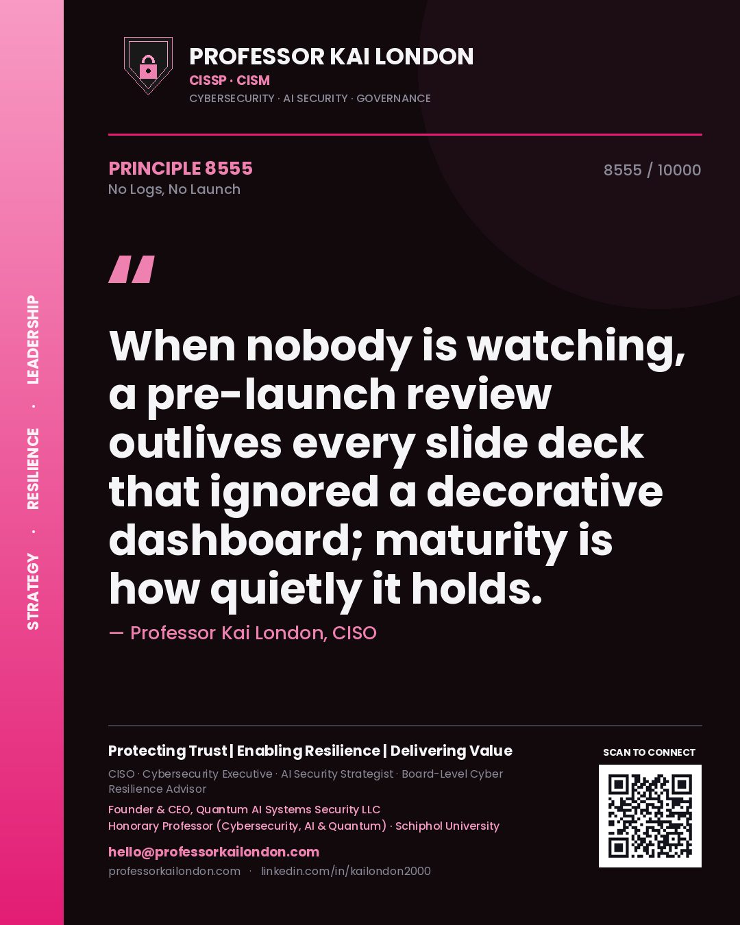 Professor Kai London principle 8555: When nobody is watching, a pre-launch review outlives every slide deck that ignored a decorative dashboard; maturity is how quietly it holds.